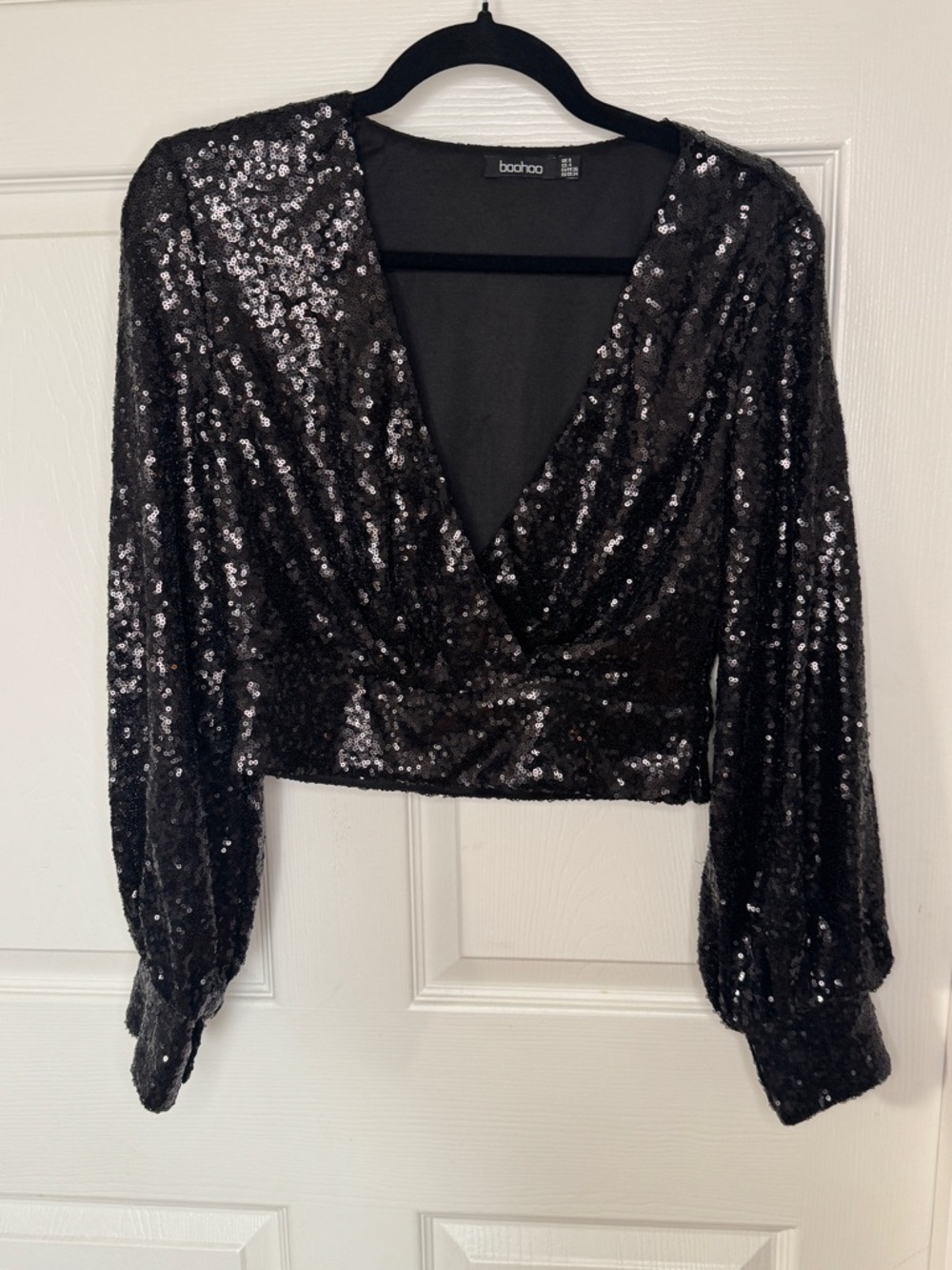 Boohoo Black Sequin Wrap Crop Top with Long Sleeves